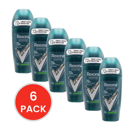 REXONA 50mL ANTIPERSPIRANT ADVANCED PROTECTION 72H MOTION ACTIVATED ANTIBACTERIAL CHARCOAL (6x Pack)