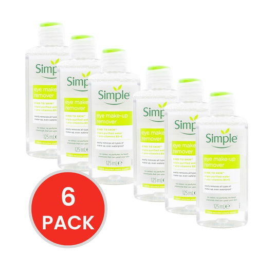 SIMPLE 125mL EYE MAKE UP REMOVER TRIPLE PURIFIED WATER AND PRO VITAMINS B5 AND E (6x Pack)