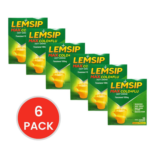 LEMSIP PK10 HOT DRINK MAX COLD AND FLU LEMON 1000mG PARACETAMOL (6x Pack)