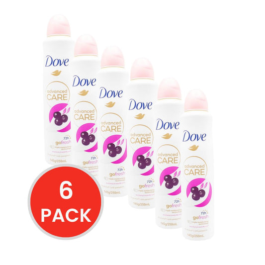 DOVE 145g / 250mL ANTIPERSPIRANT ADVANCED CARE 72H GO FRESH ACAI BERRY AND WATERLILY SCENT (6x Pack)
