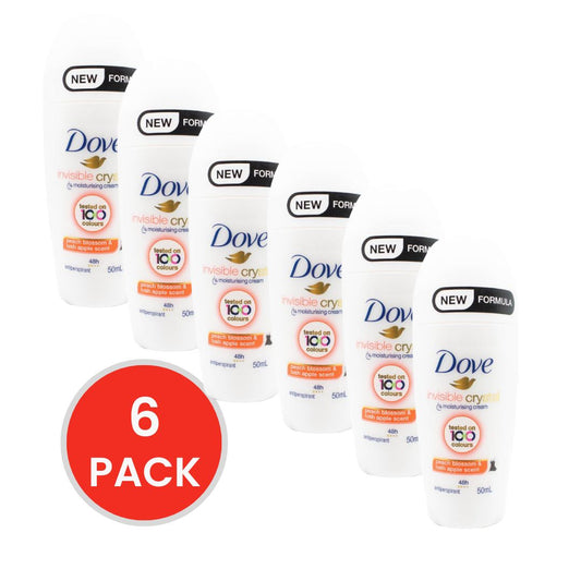 DOVE 50mL ANTIPERSPIRANT INVISIBLE CRYSTAL 1/4 MOISTURISING CREAM 48H PEACH BLOSSOM AND LUSH APPLE SCENT (6x Pack)