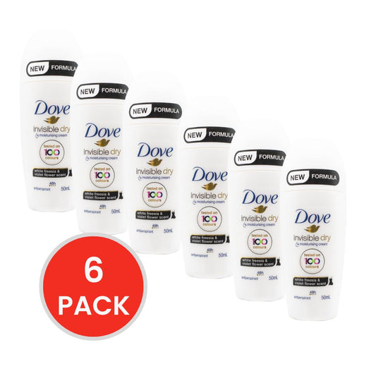 DOVE 50mL ANTIPERSPIRANT INVISIBLE DRY 1/4 MOISTURISING CREAM 48H WHITE FREESIA AND VIOLET FLOWER SCENT (6x Pack)
