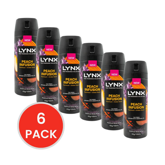 LYNX 93g / 150mL BODY SPRAY PREMIUM FINE FRAGRANCE COLLECTION 72H FRESH INFUSED WITH ESSENTIAL OILS PEACH INFUSION PATCHOULI AND AMBER SCENT (6x Pack)