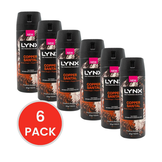 LYNX 93g / 150mL BODY SPRAY PREMIUM FINE FRAGRANCE COLLECTION COPPER SANTAL BROWN SUGAR AND PEPPER SCENT (6x Pack)