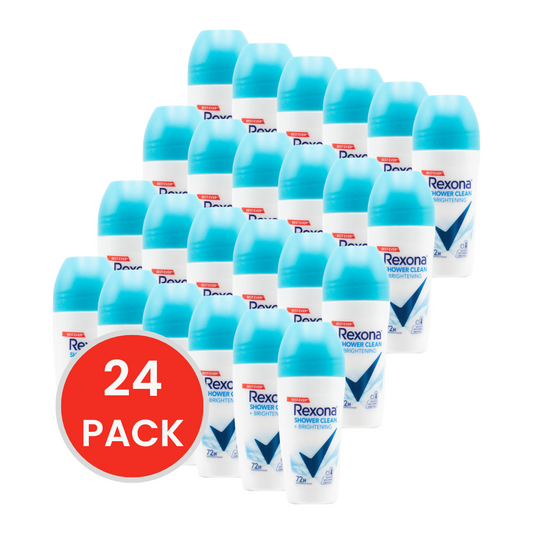 REXONA 45mL DEODORANT WOMEN ROLL ON 72 HOUR SHOWER CLEAN + BRIGHTENING (24x Pack)