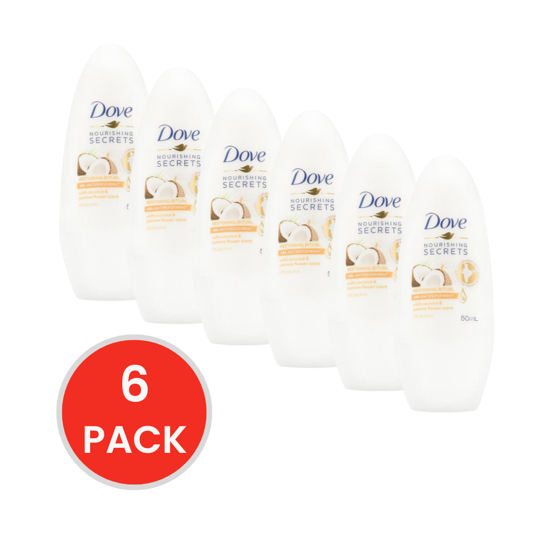 DOVE 50mL ROLL ON DEODORANT WITH COCONUT & JASMINE FLOWER SCENT (6 x Pack)