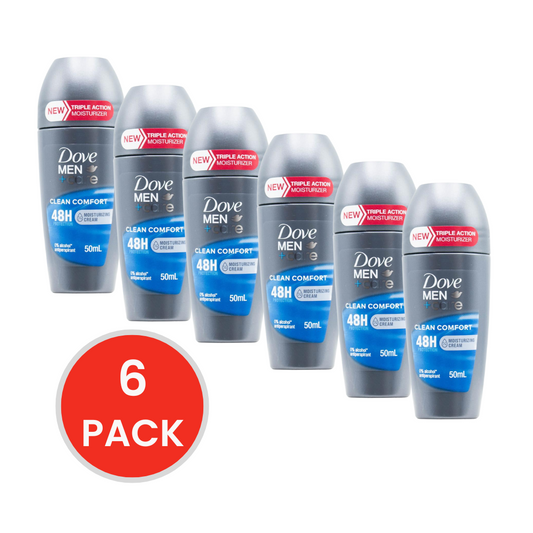 DOVE 50mL ROLL ON ANTIPERSPIRANT MEN + CARE 48H PROTECTION CLEAN COMFORT (6 x Pack)