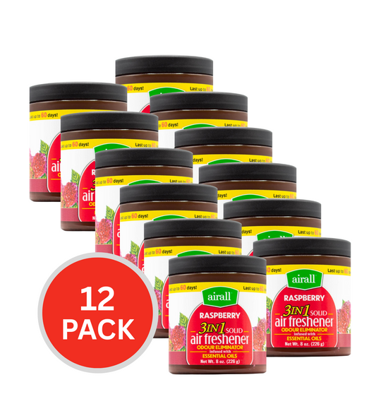 Airall 226g Air Freshener Solid 3 In 1 Odour Eliminator Infused With Essential Oils Raspberry (12x Pack)