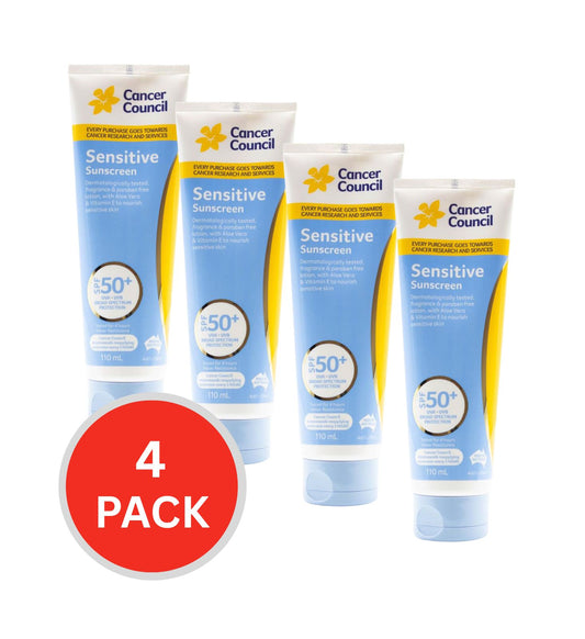 Cancer Council Sensitive Sunscreen Spf 50+ 4 Hours Water Resistant Lotion 110ml (4 Pack)