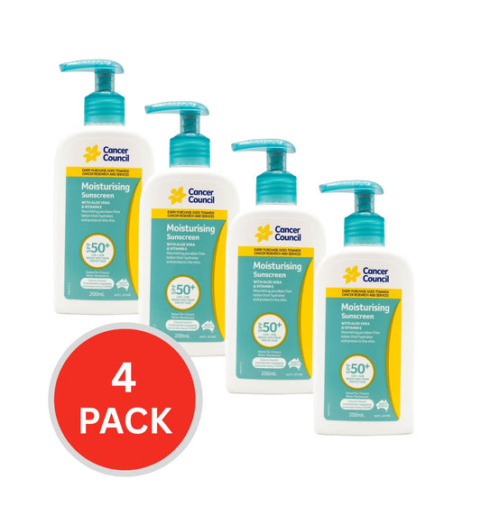 Cancer Council Moisturising Sunscreen With Aloe Vera & Vitamin E Spf+ 50 200ml (4 Pack)
