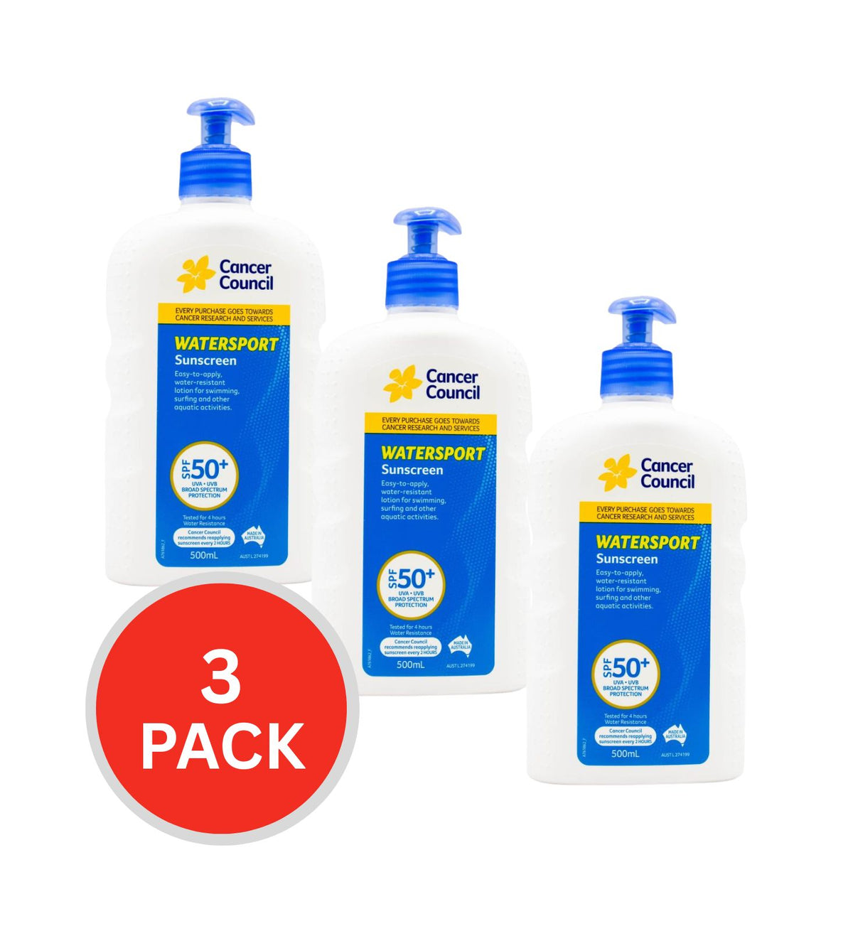 Cancer Council Sunscreen Watersport Spf 50+ 500ml (3 Pack)