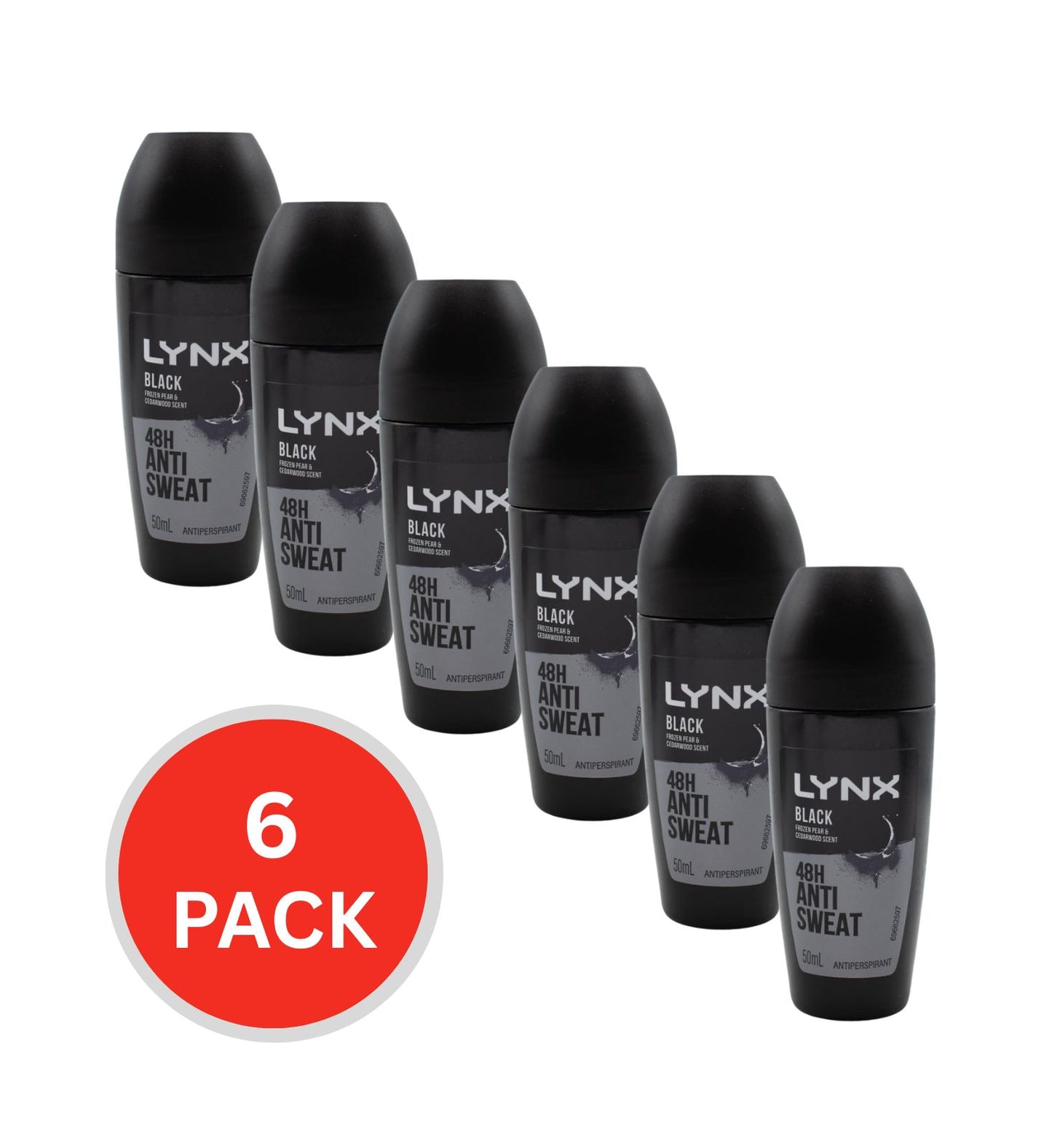 Lynx Antiperspirant Roll On Black Frozen Pear & Cedarwood Scent 48hr 50ml (6 Pack)