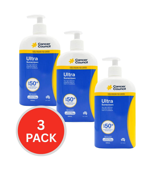 Cancer Council Sunscreen Ultra Pump Spf50+4hrs Water Resistant 500ml (3 Pack)