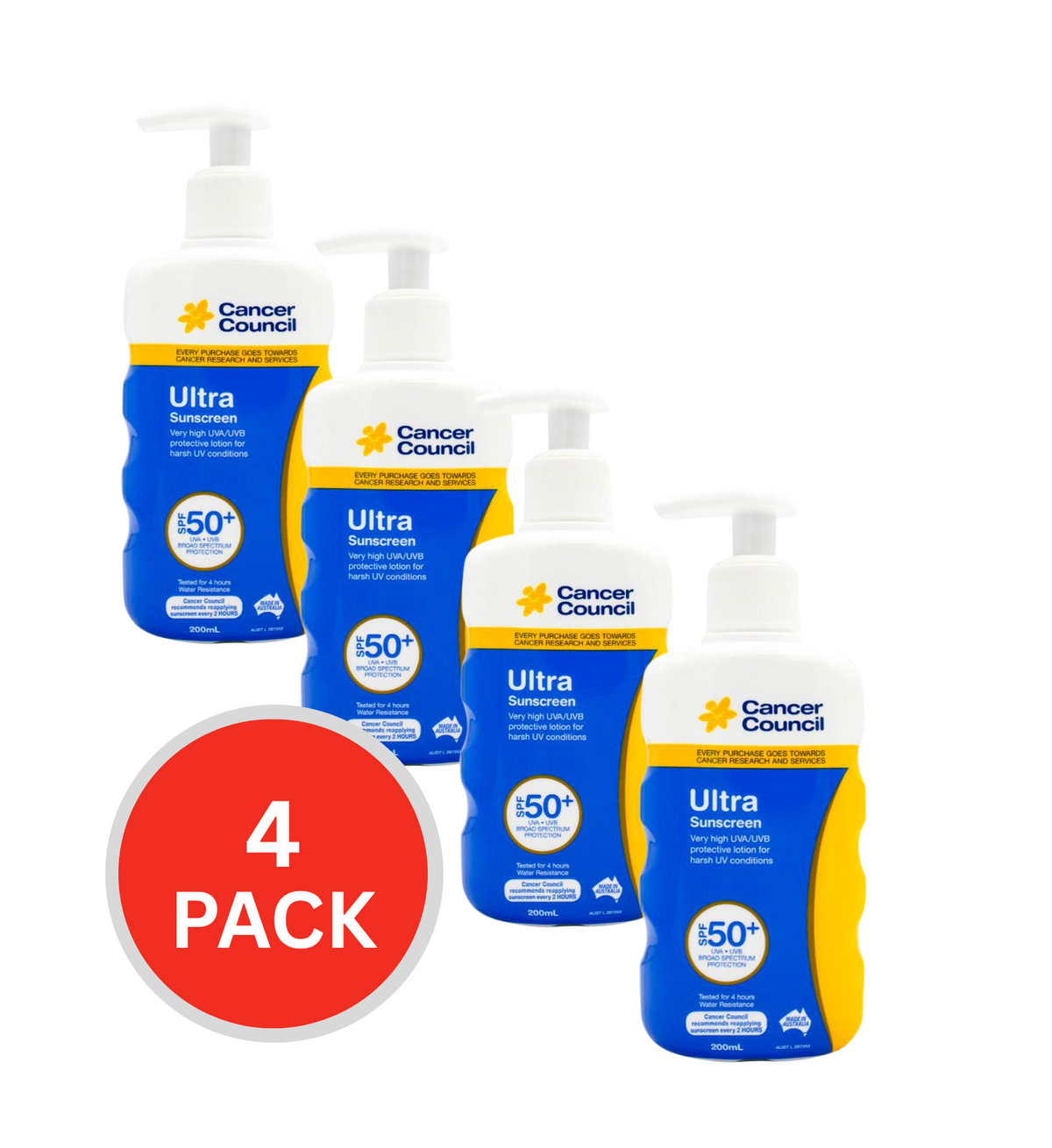 Cancer Council Sunscreen Ultra Spf+ 50 200ml (4 Pack)