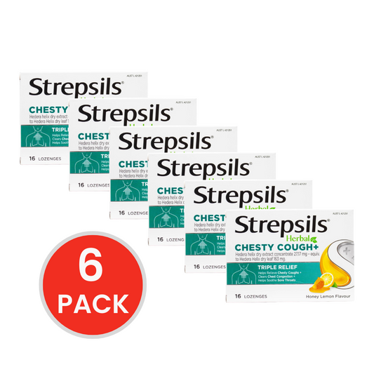 STREPSILS LOZENGES HERBAL CHESTY COUGH+ TRIPLE RELIEF HONEY LEMON FLAVOUR 6 x 16Pk (Value Pack 96 Lozenges)