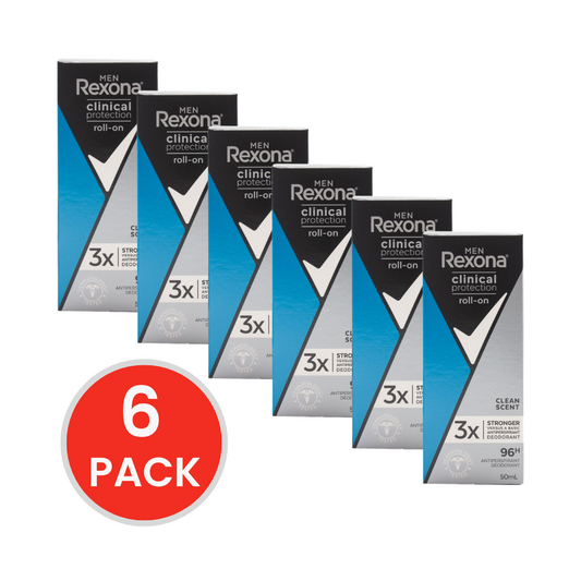 REXONA MEN 50mL ROLL ON ANTIPERSPIRANT DEODORANT CLINICAL PROTECT CLEAN SCENT (6x Pack)