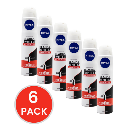 NIVEA 153g / 250ml ANTIPERSPIRANT DEODORANT BLACK AND WHITE MAX PROTECTION (6x Pack)