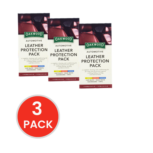 OAKWOOD PK4 LEATHER PROTECTION PACK x1 120mL LEATHER SOAP x1 75mL LEATHER CREAM x1 PK5 LEATHER WIPES x1 MICROFIBRE TOWEL 200CM x 200CM (3x Pack)