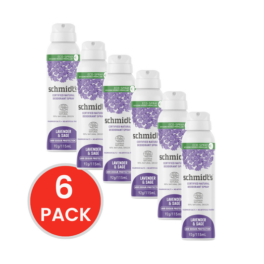 SCHMIDTS 92g / 115ml DEODORANT SPRAY CERTIFIED NATURAL 48HR ODOUR PROTECTION LAVENDER AND SAGE (6x Pack)