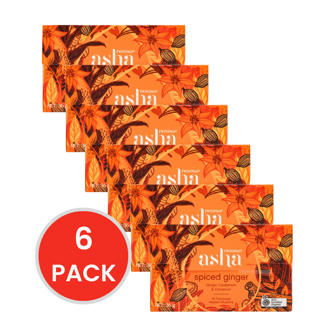 TWININGS PK18 x 36g ASHA SPICED GINGER CARDAMOM & CINNAMON FLAVOURED HERBAL INFUSIONS (6x pack)