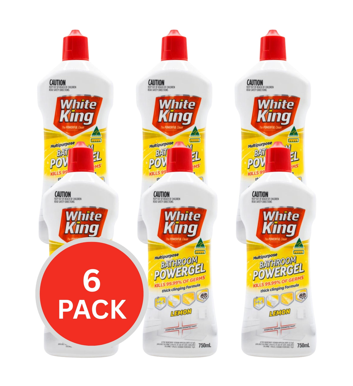 White King Power Clean Bathroom Gel Lemon 750ml (6 Pack)