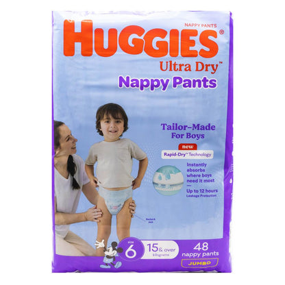 Huggies Nappy Pants Ultra Dry Boys Size 6 15kg+ 48 Pack (2 Pack, 96 Pants)