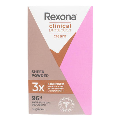 REXONA 48g / 45mL ANTIPERSPIRANT DEODORANT CLINICAL PROTECTION CREAM 96H 3X STRONGER SHEER POWDER (6x Pack)