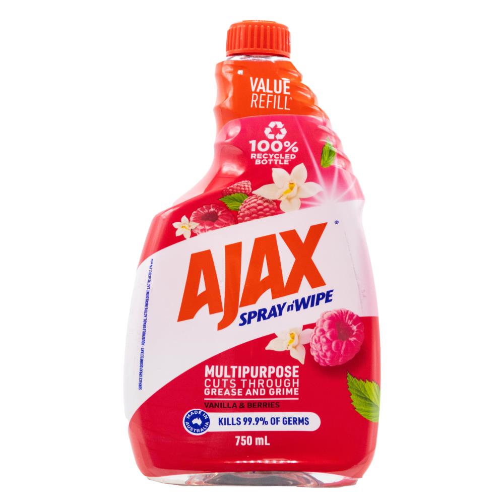 AJAX 750mL Spray N Wipe Multi Purpose Cleaner Refill Vanilla & Berries (8 Pack)