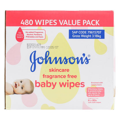 Johnson’s Fragrance Free Baby Wipes 480 Wipes Value Pack (6 pack)
