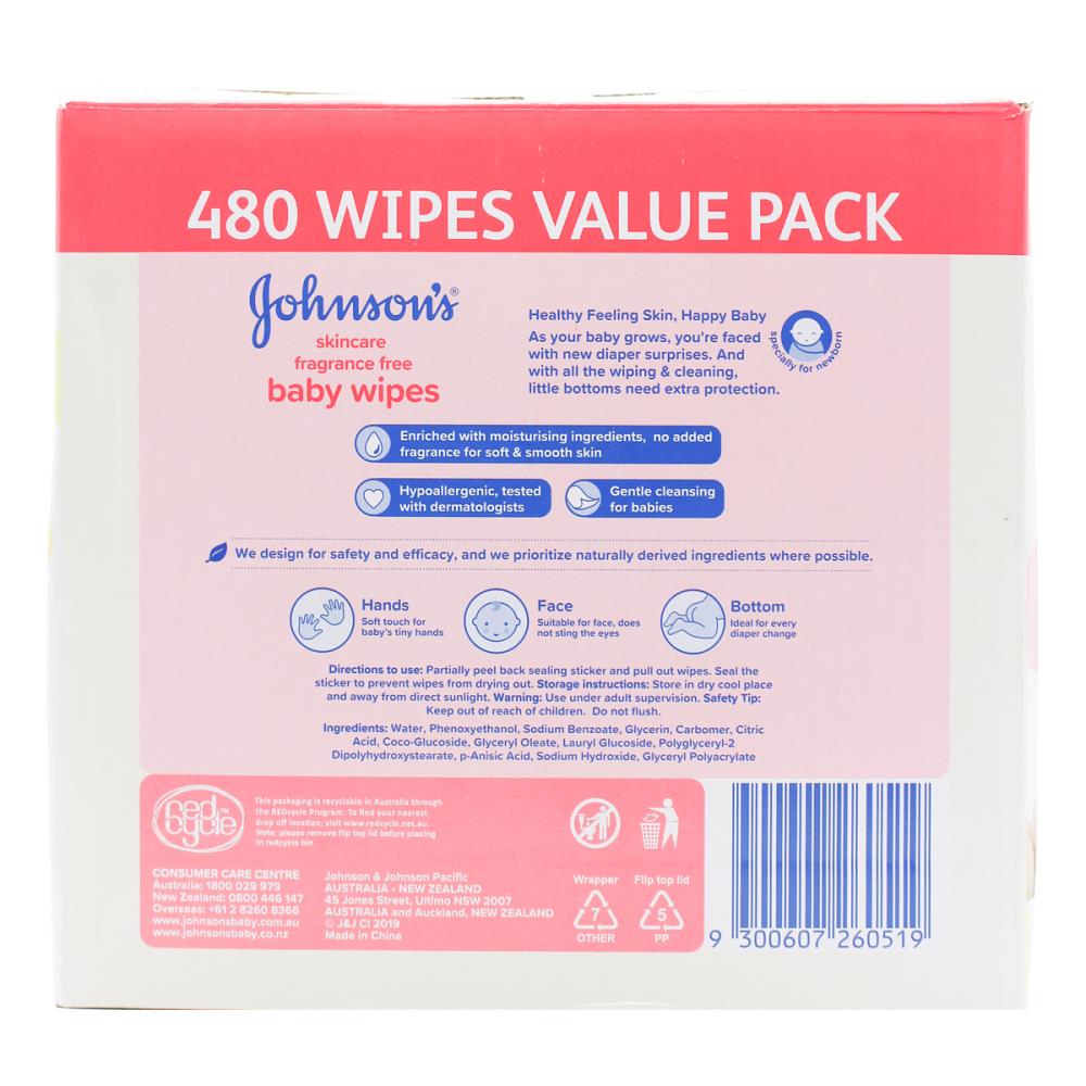 Johnson’s Fragrance Free Baby Wipes 480 Wipes Value Pack (6 pack)
