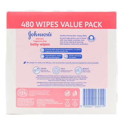 Johnson’s Fragrance Free Baby Wipes 480 Wipes Value Pack (6 pack)