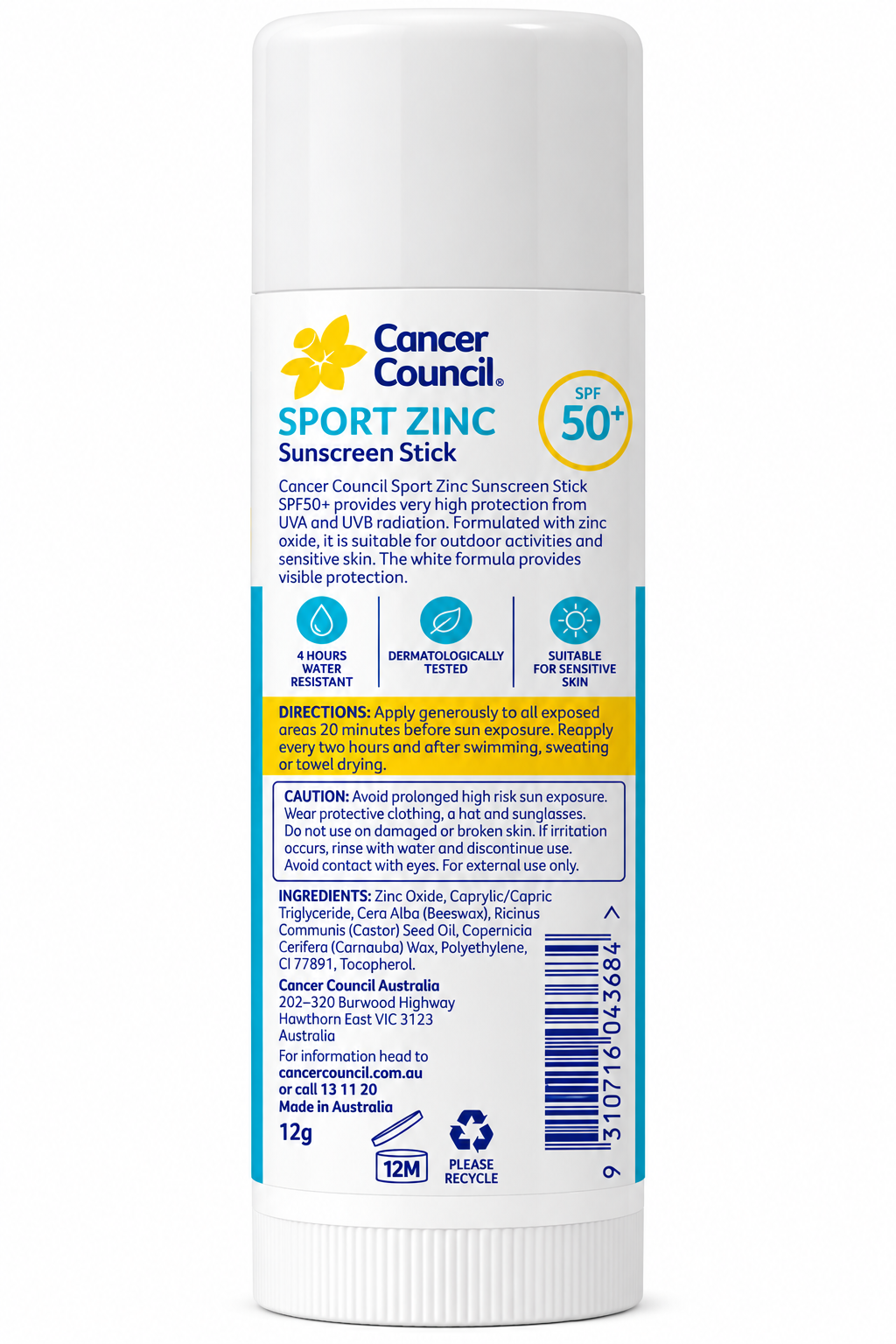 Cancer Council Sport Zinc White SPF50+ Sunscreen Stick 12g x 6