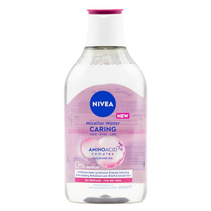 Nivea 400mL Micellar Water Caring Face Eyes Lips Dry Skin (No Perfume) (4 Pack)