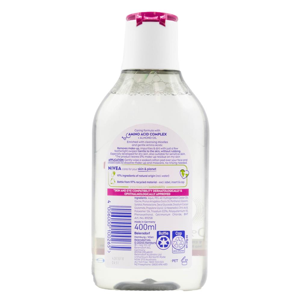 Nivea 400mL Micellar Water Caring Face Eyes Lips Dry Skin (No Perfume) (4 Pack)