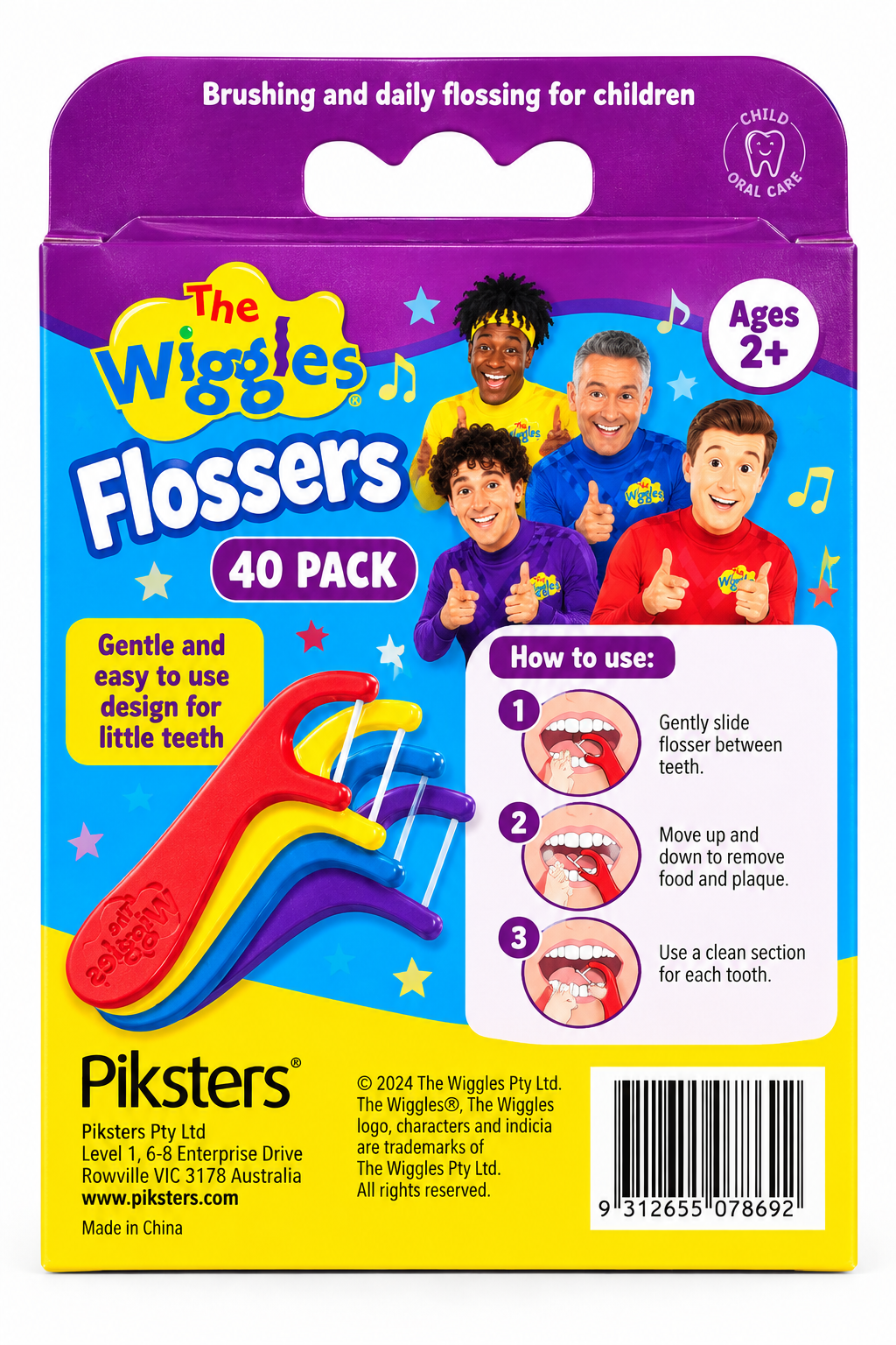 Piksters The Wiggles Kids Flossers 40 Pack x 6