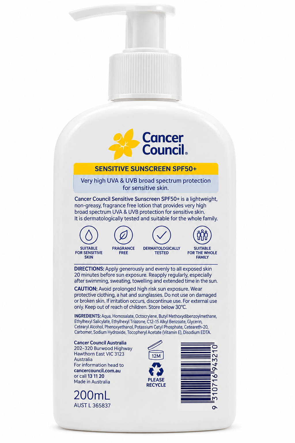 Cancer Council Sensitive Sunscreen SPF50+ 200mL x 4