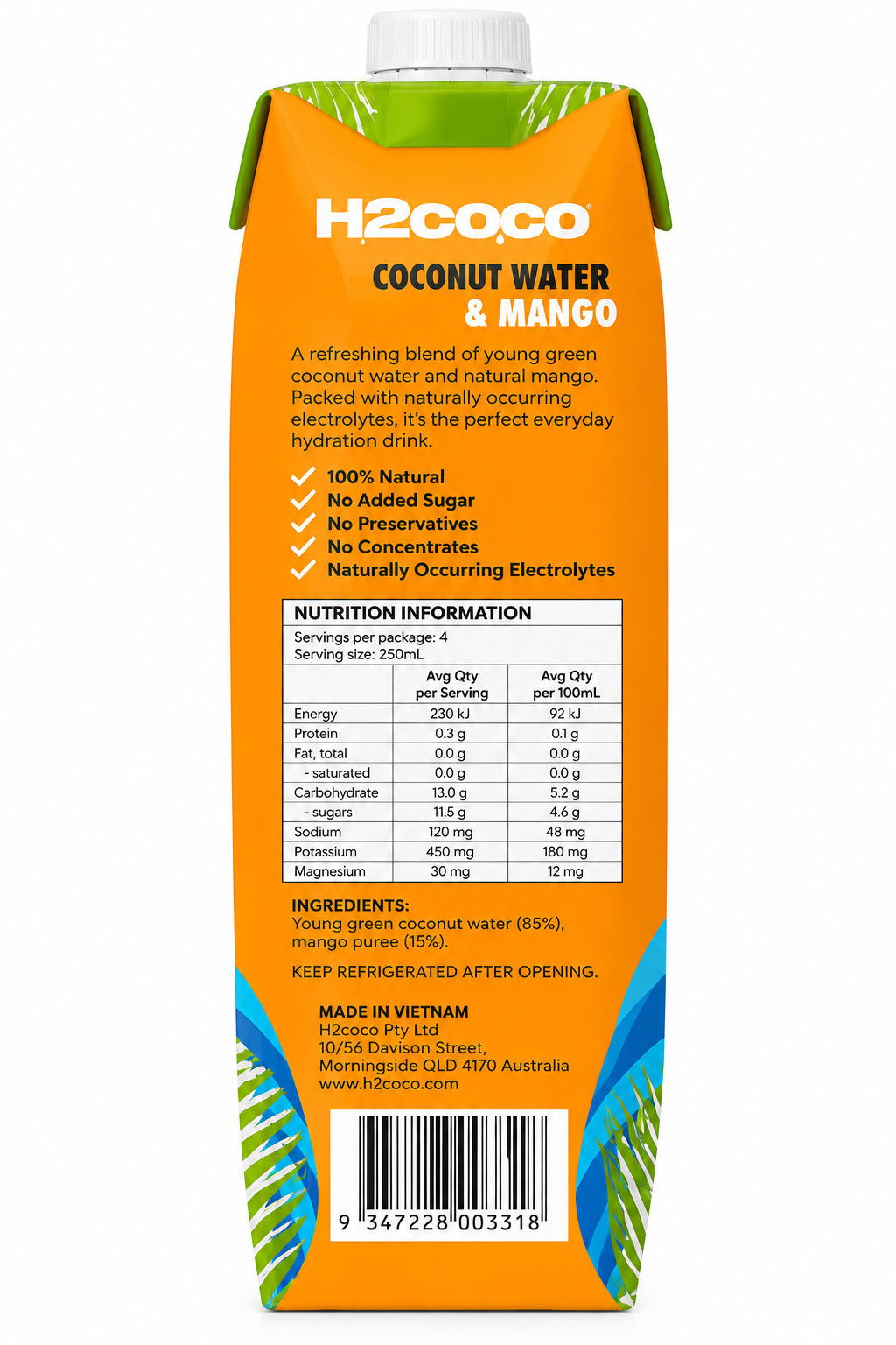 H2 Coco Coconut Water & Mango 1L x 6 Pack Natural Tropical Drink