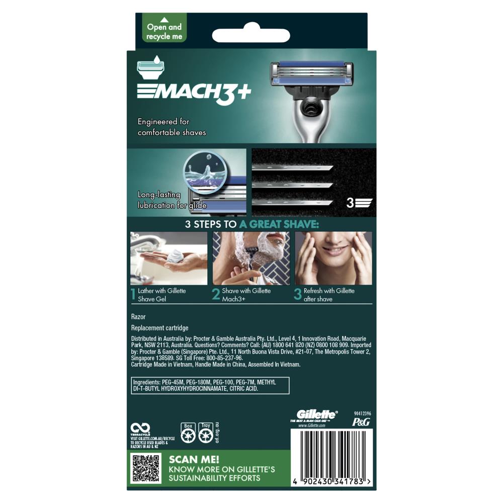 Gillette Mach3+ Razor 1 Handle + 2 Cartridges (4 Pack)
