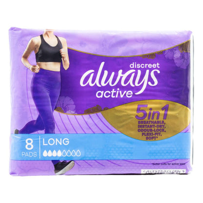 Always Pads Discreet 5 in 1 Breathable Instant Dry Odour Lock Flexi Fit Soft Active Long 6 X 8pk (Value Pack 48)