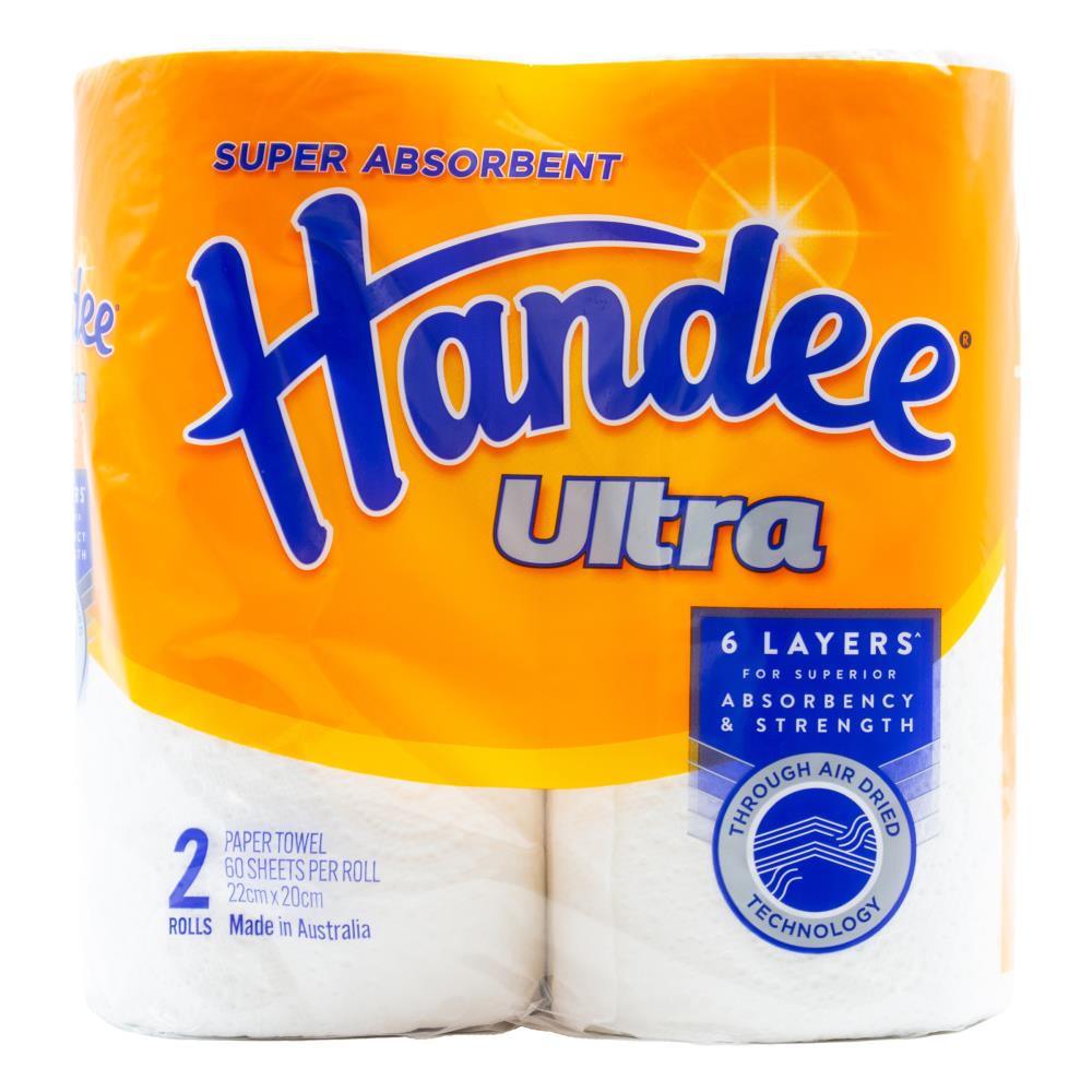 Handee Ultra Paper Towel White 60 Sheets Per Roll 22.5cm X 20.5cm 6 x 2Pk (12 Pack)