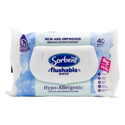 Sorbent Flushable Wipes Hypoallergenic Non Scented PK40 (14 Pack)