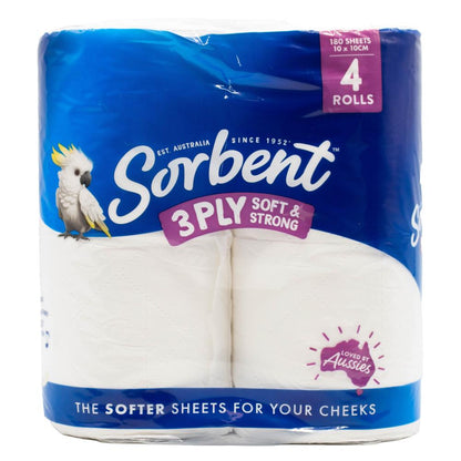 Sorbent Toilet Tissue 3 Ply Soft & Strong PK4 180 Sheets (4 Pack)