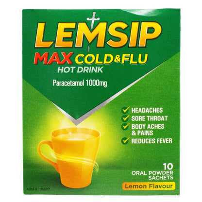 LEMSIP PK10 HOT DRINK MAX COLD AND FLU LEMON 1000mG PARACETAMOL (6x Pack)
