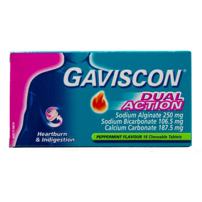 Gaviscon Pk16 Chewable Tablets Dual Action Heartburn And Indigestion Peppermint (6x Pack)