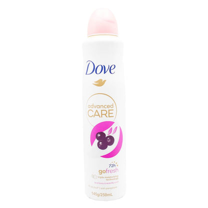 DOVE 145g / 250mL ANTIPERSPIRANT ADVANCED CARE 72H GO FRESH ACAI BERRY AND WATERLILY SCENT (6x Pack)