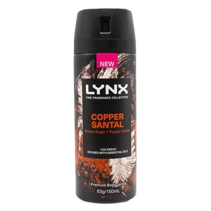 LYNX 93g / 150mL BODY SPRAY PREMIUM FINE FRAGRANCE COLLECTION COPPER SANTAL BROWN SUGAR AND PEPPER SCENT (6x Pack)