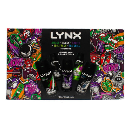 Lynx Pk5 Gift Set Game On Collection 102g / 165ml Bodyspray X1 Africa X1 Black X1 Excite X1 Epic Fresh X1 Ice Chill (6x Pack)