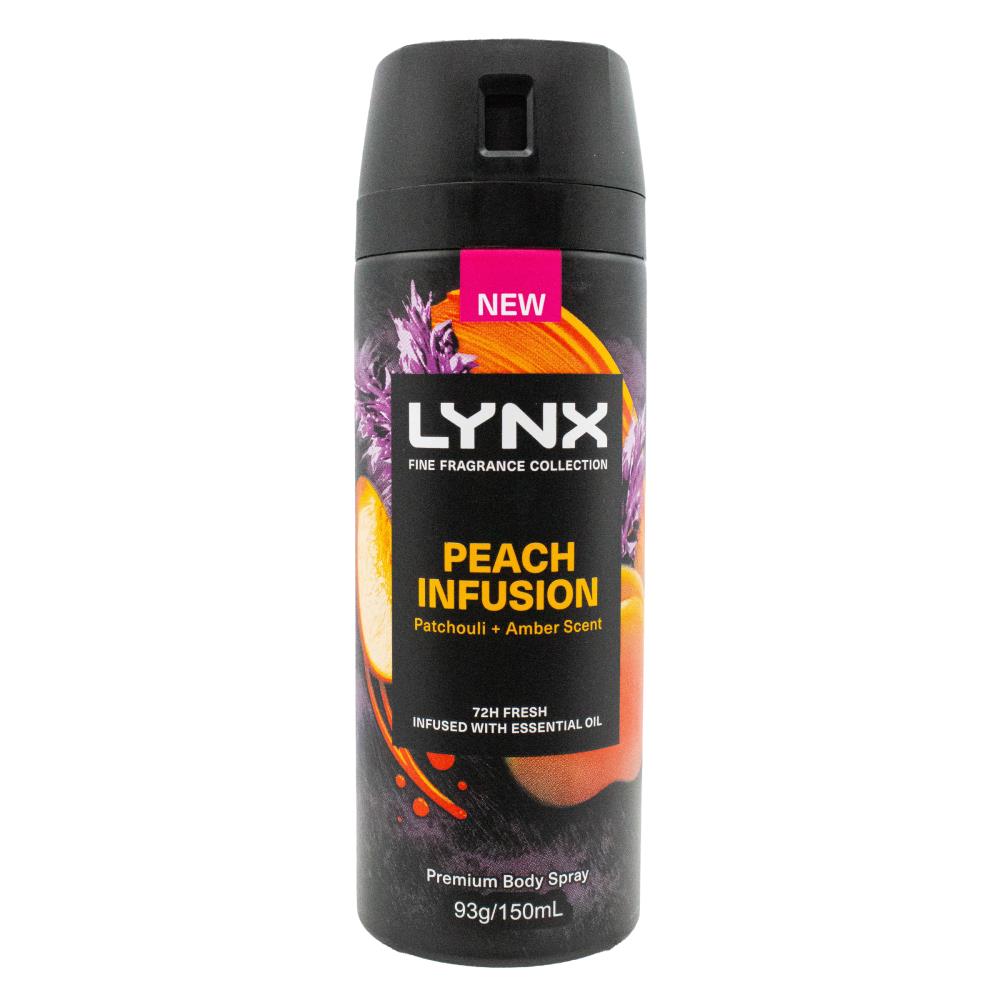 LYNX 93g / 150mL BODY SPRAY PREMIUM FINE FRAGRANCE COLLECTION 72H FRESH INFUSED WITH ESSENTIAL OILS PEACH INFUSION PATCHOULI AND AMBER SCENT (6x Pack)