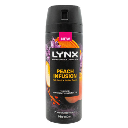 LYNX 93g / 150mL BODY SPRAY PREMIUM FINE FRAGRANCE COLLECTION 72H FRESH INFUSED WITH ESSENTIAL OILS PEACH INFUSION PATCHOULI AND AMBER SCENT (6x Pack)
