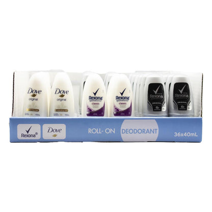 DOVE REXONA DEODORANT ROLL ON TRIO MIXED X18 40ml REXONA MENS ORIGINAL X6 40ml REXONA WOMENS CLASSIC X12 40ml DOVE WOMENS ORIGINAL ( 1 Pack)